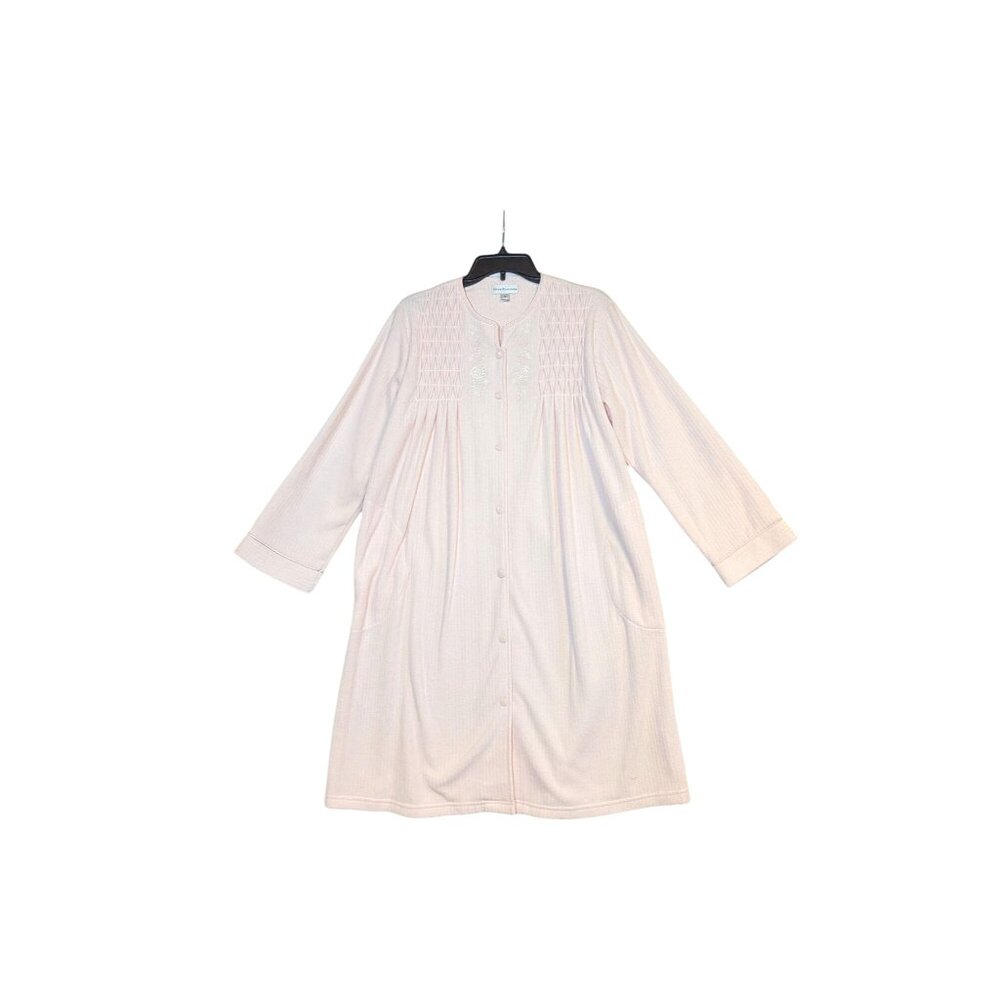 Miss Elaine Pink Embroidered Snap Front Robe M Soft Textured Fabric Long Sleeves